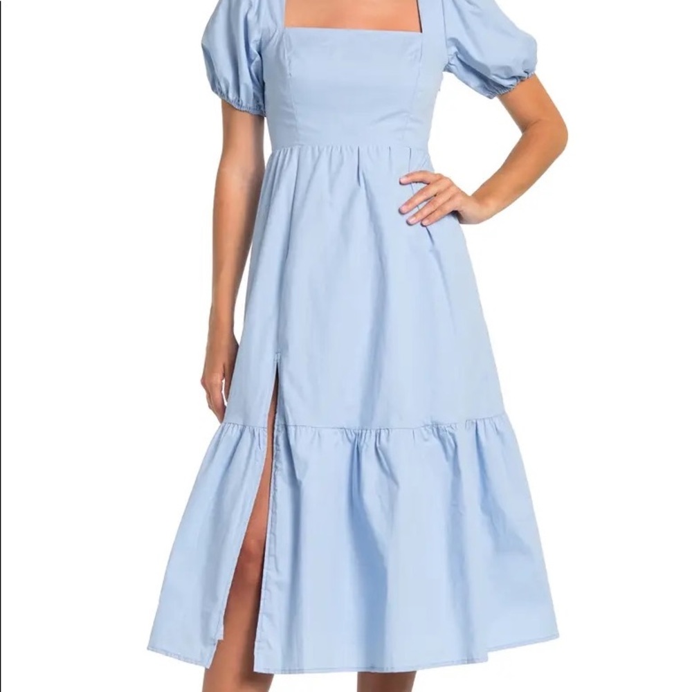 Astr Poplin Puff Sleeve Tiered Midi Dress